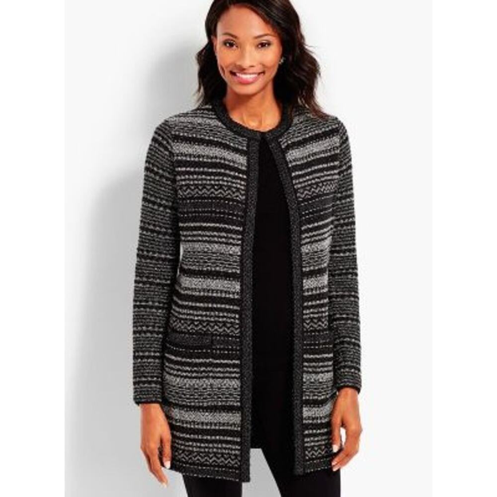 Talbots Jacquard Marled Striped Tweed Cardigan Knit Longline Duster Sweater